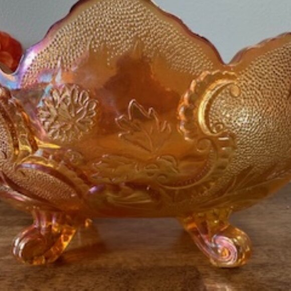 Jeanette Glass Marigold Carnival Dish Vintage Lombardi Pattern Iridescent Oval - Picture 5 of 5